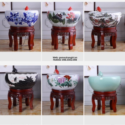 Chậu sứ có lưới lọc kèm đôn gỗ - đồ trang trí, phong thuỷ, tài lộc cho gia chủ